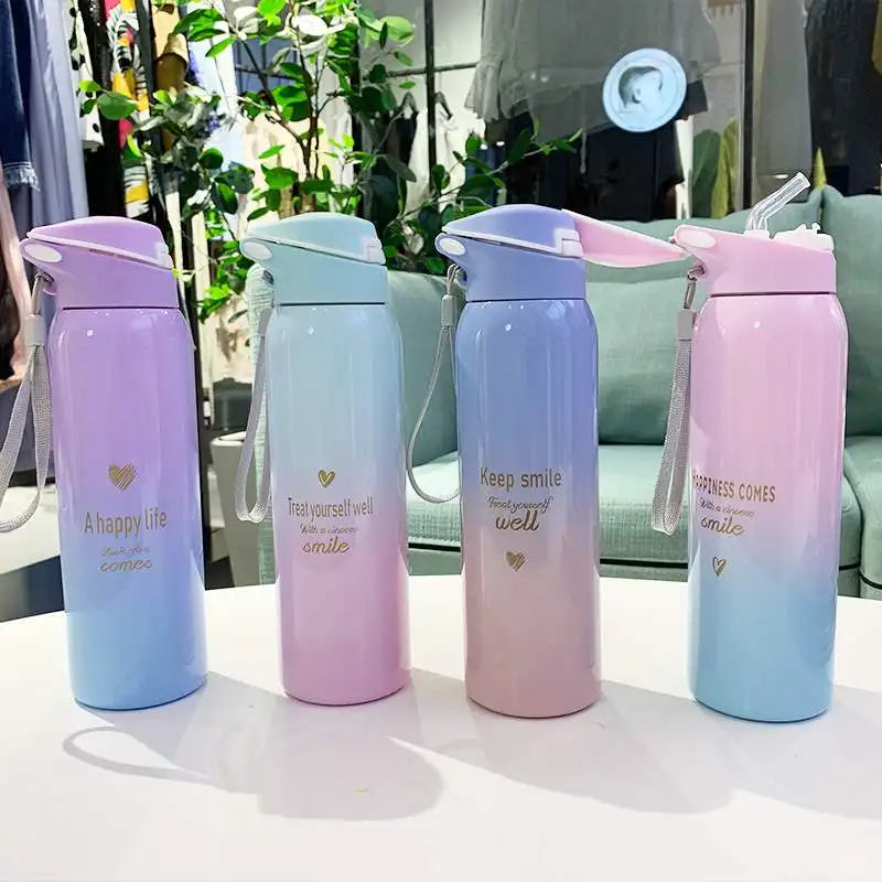 Bpa-Free 500Ml Insulated Vacuum Flasks Sports Bike Thermals Straw Cup Portable Rope Thermos Water Bottle Coffee Mug Travel
