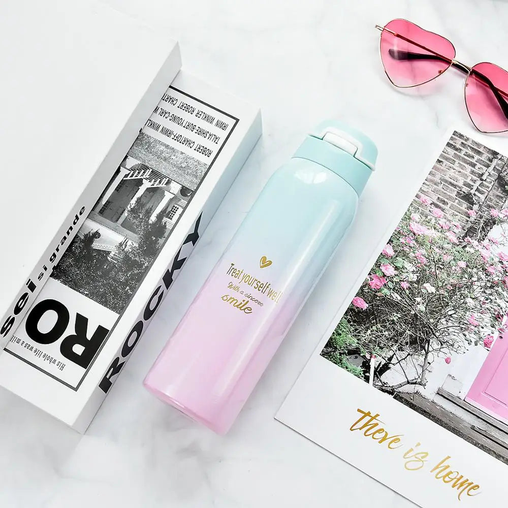 Bpa-Free 500Ml Insulated Vacuum Flasks Sports Bike Thermals Straw Cup Portable Rope Thermos Water Bottle Coffee Mug Travel