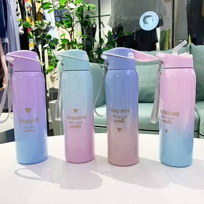 Bpa-Free 500Ml Insulated Vacuum Flasks Sports Bike Thermals Straw Cup Portable Rope Thermos Water Bottle Coffee Mug Travel